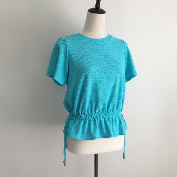 MICHAEL KORS Turquoise Blue Textured Gold Logo Hardware Drawstring Waist Shirt - Picture 4 of 11
